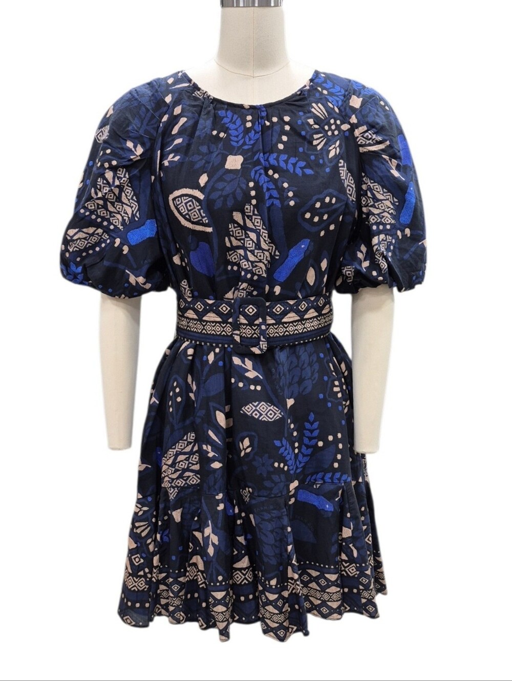 Farm Rio Macaw Forest Minidress women's medium black belted Boho flounce hem